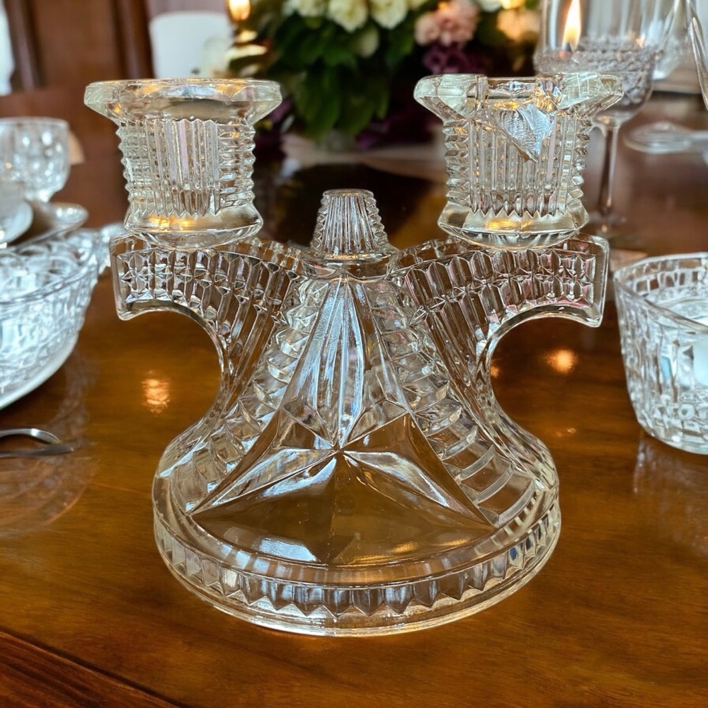 Vintage Federal Glass Wigwam Double Candle Holder Art Deco Clear Pressed Glass